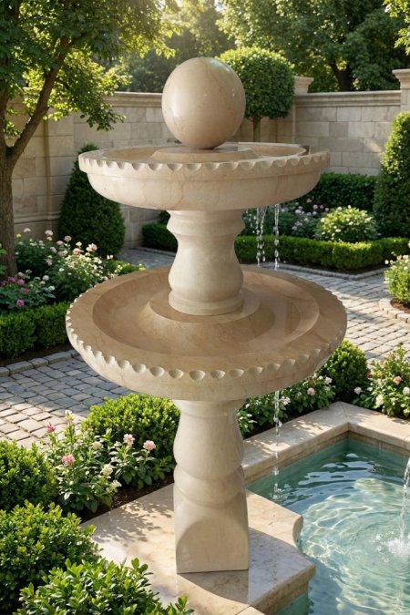 نافورة حجر فخمة بطبقتين مع كرة علوية – لون بيج